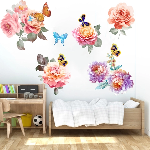 Pioenroos Roos Bloem Vlinder Muurstickers PVC Waterdicht Verwijderbare Muurstickers Voor Woonkamer Slaapkamer Decoratie