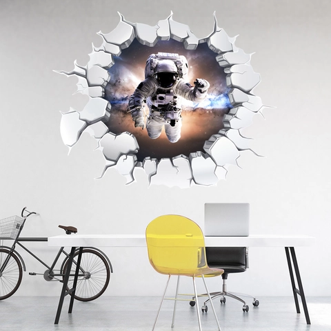 3D Weltraum Planeten Wandaufkleber Broken Wall Effekt Astronaut Galaxie Sternenhimmel PVC Wasserdicht Deko