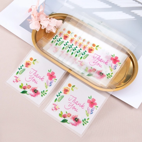 Floral Thank You Self Sealing Bags Transparent Plastic Packaging Bags For Jewelry Baking Cookies Candy Small Gift Storage Fresh Flower Pattern