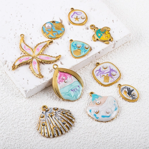 Ocean Series Stainless Steel Pendants Artificial Pearl Enamel Starfish Turtle Shell Charms DIY Jewelry Making Accessories