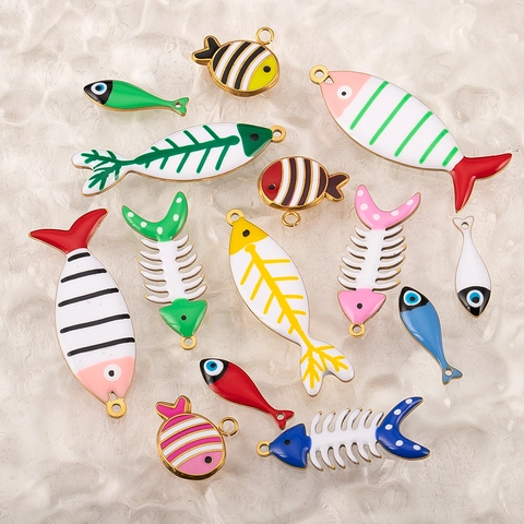 Stainless Steel Fish Bone Pendants Colorful Enamel Drip Fish Charms For DIY Necklace Jewelry Making Ocean Elements Findings