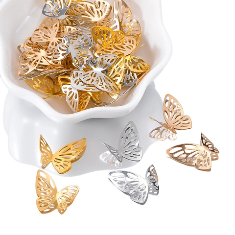 50Pcs Hollow 3D Butterfly Metal Charms For DIY Jewelry Making Accessories Gold Silver Plated Iron Butterfly Decorations