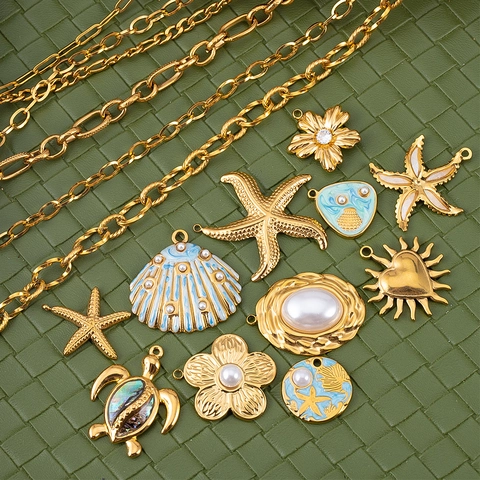 Stainless Steel Ocean Series Sea Star Turtle Shell Pendants For Jewelry Making DIY Enamel Artificial Pearl Charms Findings
