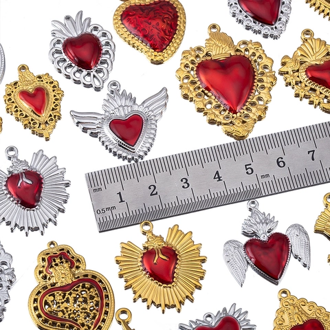 304 Edelstahl Vergoldet Heiligstes Herz Flügel Anhänger Rote Emaille Herz Charms Für DIY Halskette Schmuckherstellung Damen