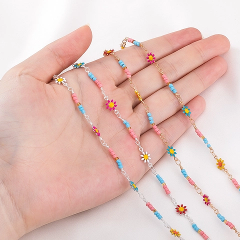 Bohemian Colorful Enamel Daisy Flower Copper Bead Chain For DIY Necklace Bracelet Anklet Making Summer Beach Women Jewelry