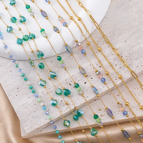 Handmade Stainless Steel Crystal Beads Chain Gold Plated DIY Jewelry Making Findings Necklace Bracelet Accessories Rhinestone Chain