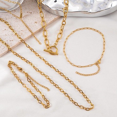 Stainless Steel Oval Link Paperclip Chain Necklace Bracelet For Women Gold Steel Color Jewelry With Toggle Clasp Lobster Clasp