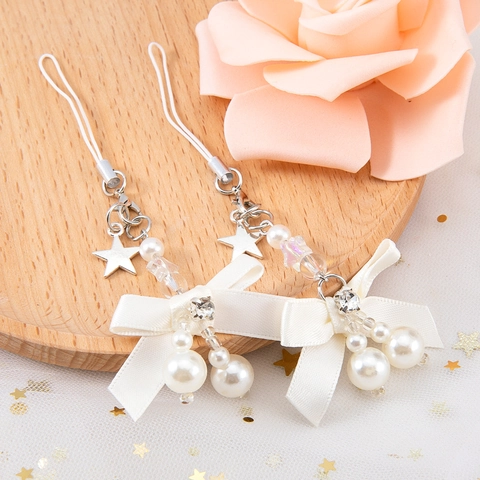 Sweet White Satin Bow Artificial Pearl Keychain Star Pendant Camera Strap Phone Charm For Women Bag Decoration Gift