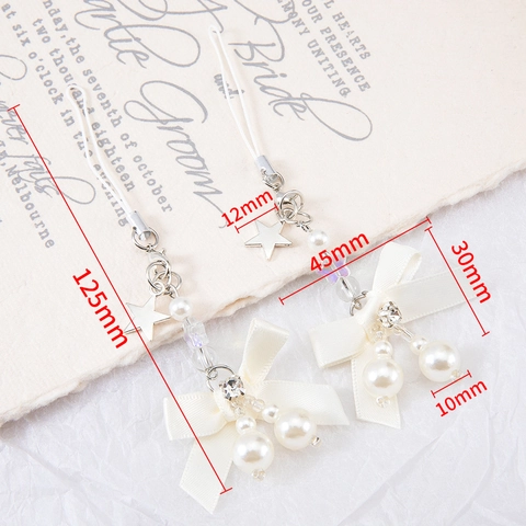 Sweet White Satin Bow Artificial Pearl Keychain Star Pendant Camera Strap Phone Charm For Women Bag Decoration Gift