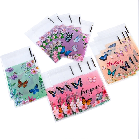 Sacs d'Emballage Auto-adhésifs Transparents Motif Papillon Fleur Dessin Animé Plastique Cadeau pour Bonbons Biscuits Bijoux Fête