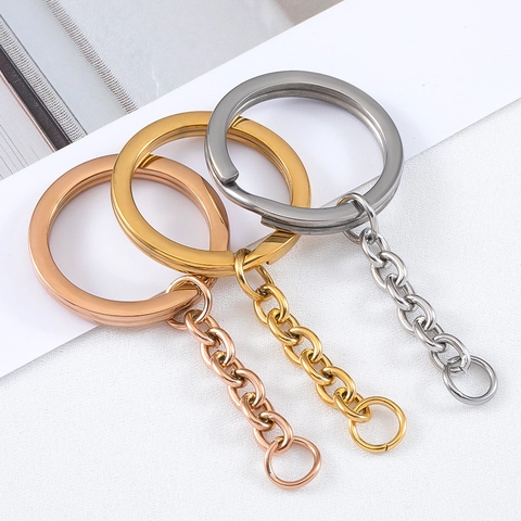 Stainless Steel Flat Key Ring With Chain DIY Jewelry Finding Polished Metal Keyring Connector For Keychain Making Unisex Accessory