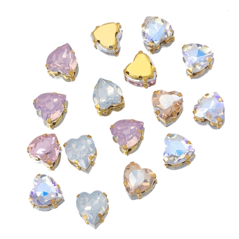 Perline di Strass in Vetro a Forma di Cuore Con Incastonatura a Griffe in Oro Acciaio Inossidabile Cristallo per Decorazione Fai da Te