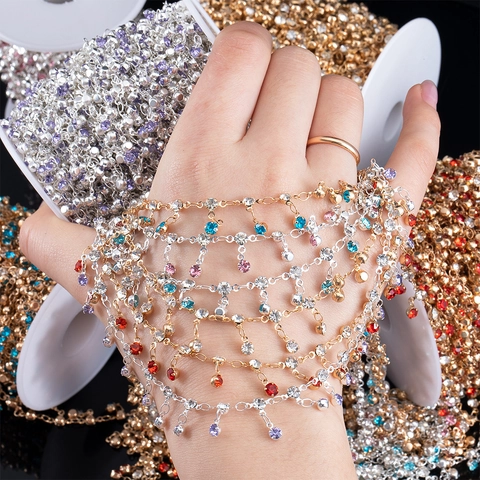 Copper Rhinestone Tassel Fringe Chain For Jewelry Making DIY Colorful Crystal Metal Chain Craft Accessories For Clothing Decoration