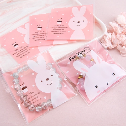 Rose Rabbit Patterned Self Adhesive Clear Plastic Bags For Jewelry Candy Cookies Gift Packing Storage Resealable Bags