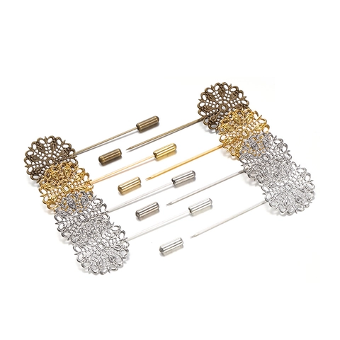 Vintage Copper Filigree Flower Lapel Pin Brooch Base Hollow Peacock Pattern Stick Pin For DIY Jewelry Making Accessories