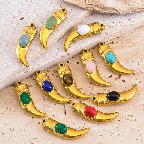 Boho Horn Shaped Stainless Steel Pendant Inlaid With Colorful Gemstone Gold Plated DIY Jewelry Making Accessory For Necklace