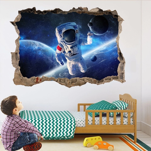 3D Astronaut Weltraum Wandtattoo PVC Planet Sternenhimmel Broken Wall Dekorativer Aufkleber Für Kinderzimmer Wohnzimmer Wanddeko