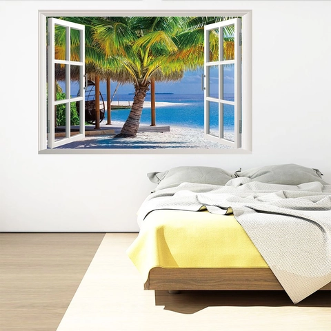 Modern PVC 3D Fenster Wandaufkleber Tropischer Strand Kokosnussbaum Landschaft Wasserdicht Selbstklebend Wandtattoo