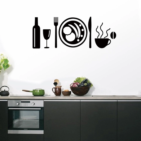 Adesivi Murali Creativi per Utensili da Cucina in Vinile PVC Rimovibile Bottiglia di Vino Tazza Forchetta Silhouette Decalcomania