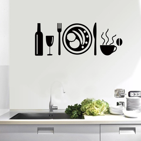 Adesivi Murali Creativi per Utensili da Cucina in Vinile PVC Rimovibile Bottiglia di Vino Tazza Forchetta Silhouette Decalcomania