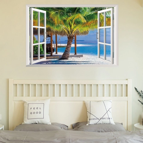 Modern PVC 3D Fenster Wandaufkleber Tropischer Strand Kokosnussbaum Landschaft Wasserdicht Selbstklebend Wandtattoo