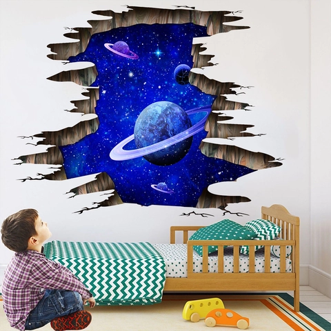 3D Universum Sternenhimmel Wandtattoo Gebrochene Wand Effekt Galaxie Planeten Wasserdicht PVC Bodenaufkleber Kinderzimmer Deko