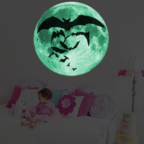 Luminous Moon Wall Sticker With Bat Silhouettes Glow In The Dark PVC Waterproof Decal For Halloween Kids Room Decor