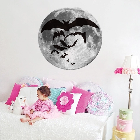 Luminous Moon Wall Sticker With Bat Silhouettes Glow In The Dark PVC Waterproof Decal For Halloween Kids Room Decor