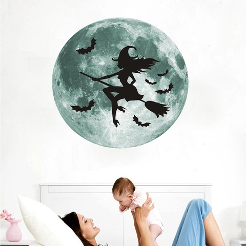Lichtgevende Maan Muursticker Met Heks En Vleermuizen Glow In The Dark PVC Muursticker Voor Halloween Kindercamer Decoratie