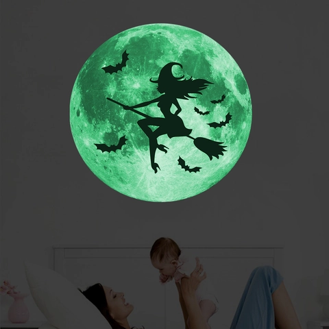 Lichtgevende Maan Muursticker Met Heks En Vleermuizen Glow In The Dark PVC Muursticker Voor Halloween Kindercamer Decoratie