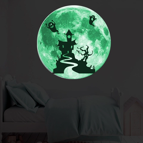 Halloween Pegatina de Pared Luna Brilla En La Oscuridad Silueta Castillo Fantasma PVC Impermeable Para Cuarto de Niños