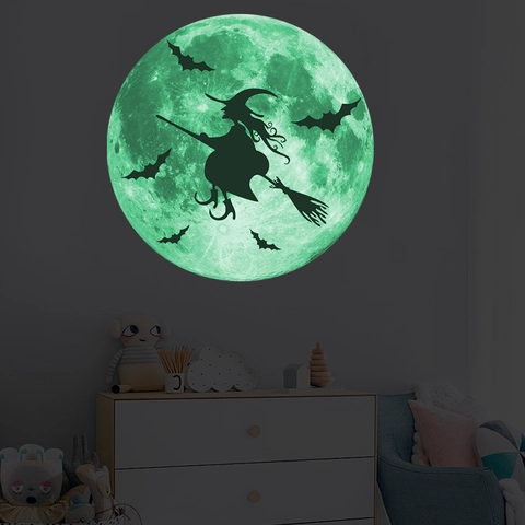 Halloween Pegatina de Pared Luna Luminosa Bruja Murciélago Silueta Fluorescente PVC Calcomanía para Habitación Niños Fiesta