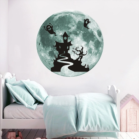 Halloween Pegatina de Pared Luna Brilla En La Oscuridad Silueta Castillo Fantasma PVC Impermeable Para Cuarto de Niños