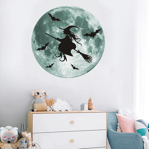 Halloween Pegatina de Pared Luna Luminosa Bruja Murciélago Silueta Fluorescente PVC Calcomanía para Habitación Niños Fiesta