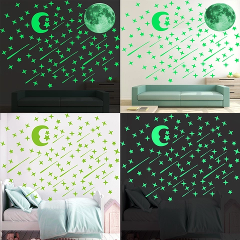 Adesivi Murali Stelle Luna Fluorescenti Luminosi al Buio Decalcomanie da Soffitto PVC Autoadesivi Stelle Meteora Cielo Stellato per Cameretta Bambini
