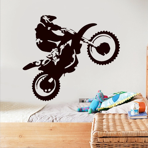 Adesivo da Parete Silhouette Motocross Rider Decalcomania in Vinile Nero Rimovibile per Camera da Letto Soggiorno Decorazione Sportiva