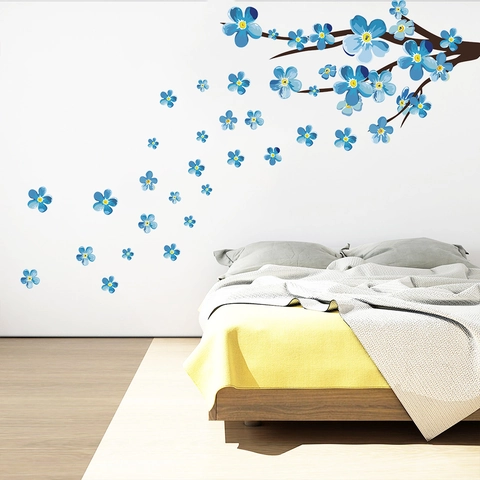 Blauer Pflaumenblütenzweig Wandtattoo PVC Wasserdicht Abnehmbar Floral Aufkleber Für Wohnzimmer Schlafzimmer Deko
