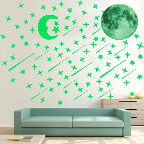 Adesivi Murali Stelle Luna Fluorescenti Luminosi al Buio Decalcomanie da Soffitto PVC Autoadesivi Stelle Meteora Cielo Stellato per Cameretta Bambini