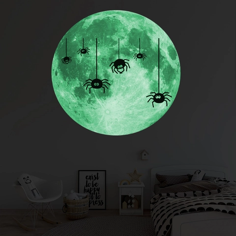 Adesivo da Parete Luna e Ragno Fluorescente Halloween Glow In The Dark PVC Decalcomania per Camera Bambini Soggiorno
