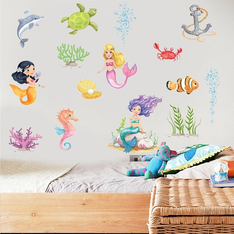 Cartoon Mermaid Ocean World Wall Stickers Waterproof PVC Sea Creatures Decals For Kids Room Nursery Bedroom Wall Decor