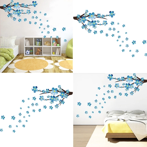 Blauer Pflaumenblütenzweig Wandtattoo PVC Wasserdicht Abnehmbar Floral Aufkleber Für Wohnzimmer Schlafzimmer Deko