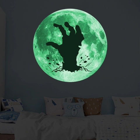 Leuchten Im Dunkeln Mond Wandaufkleber Zombie Hand Silhouette Halloween Leuchtend PVC Abnehmbares Wandtattoo Für Wohnzimmer