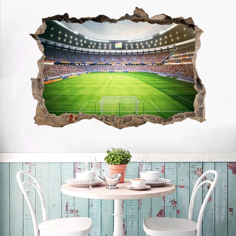 3D Estadio de Fútbol Pared Rota Vinilo Decorativo PVC Impermeable Decoración Creativa para Sala de Estar Dormitorio Infantil