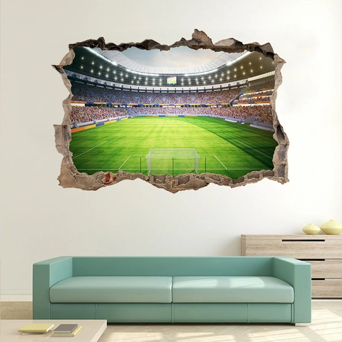 3D Estadio de Fútbol Pared Rota Vinilo Decorativo PVC Impermeable Decoración Creativa para Sala de Estar Dormitorio Infantil