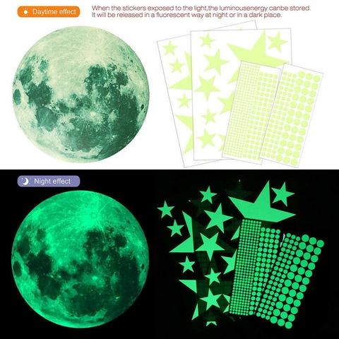 Leuchtende Mond Sterne Punkte Wandsticker Set PVC Fluoreszierende Aufkleber Für Kinderzimmer Schlafzimmer Heimdekoration