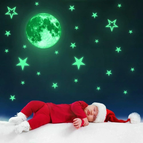 Adesivi Murali Luna e Stelle Fluorescenti al Buio Decalcomanie Luminose per Soffitto Camera Bambini Decorazione Casa Vinile PVC Removibile