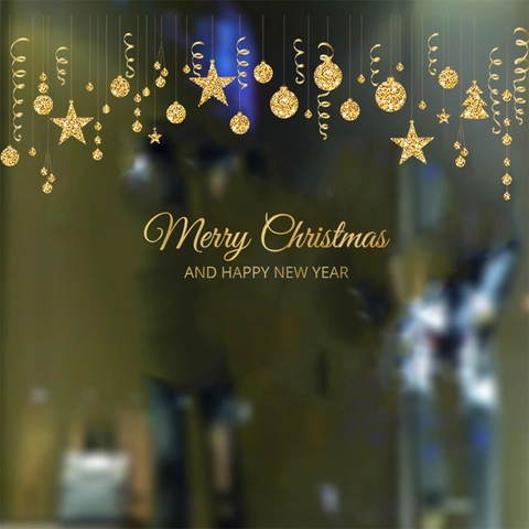 Pegatina de Pared Navidad Dorado Brillo PVC Impermeable Merry Christmas Año Nuevo Calcomanía Estrellas Bolas Ventana Hogar