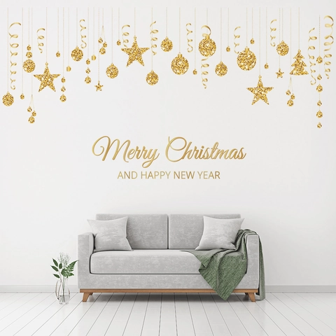 Pegatina de Pared Navidad Dorado Brillo PVC Impermeable Merry Christmas Año Nuevo Calcomanía Estrellas Bolas Ventana Hogar