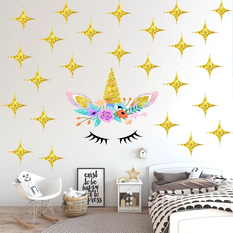 Adesivi Murali Unicorno Glitter Dorato Decalcomanie Floreali Stelle Per Camera Bambini Decorazione Moderna Minimalista PVC
