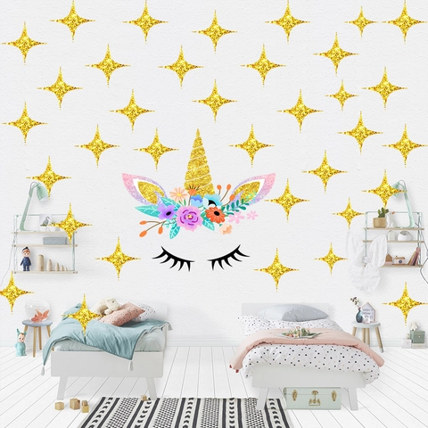 Adesivi Murali Unicorno Glitter Dorato Decalcomanie Floreali Stelle Per Camera Bambini Decorazione Moderna Minimalista PVC